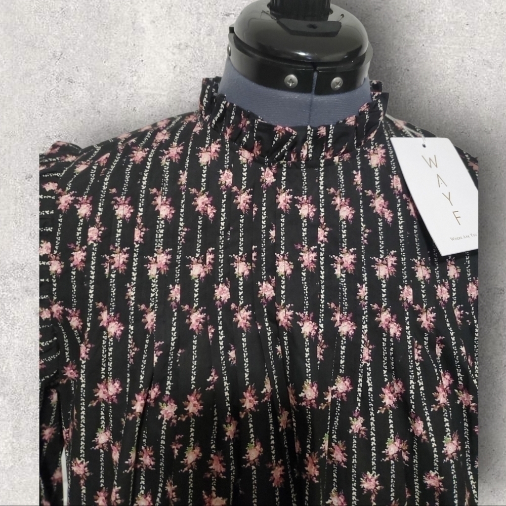 WAYF Women Top High Neck Ruffle Collar Long Sleeve Floral Print Black Size Small - Picture 3 of 7